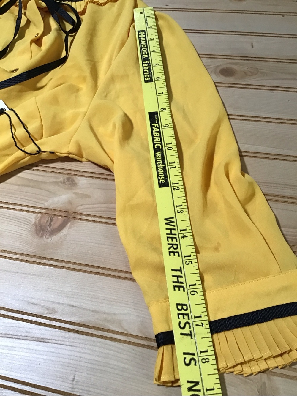 Bright Yellow High Neck Black Ribbon Tie Ruffle Collar 3/4 Sleeve Chiffon Blouse - Picture 11 of 12